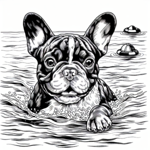 Coloring page of a French Bulldog dog, loyal companion swimming in a lake