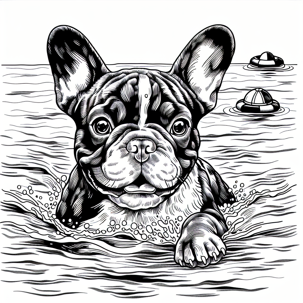 Coloring page of a French Bulldog dog, loyal companion swimming in a lake