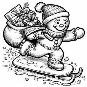 Coloring page of a gingerbread man, holiday helper sliding on ice