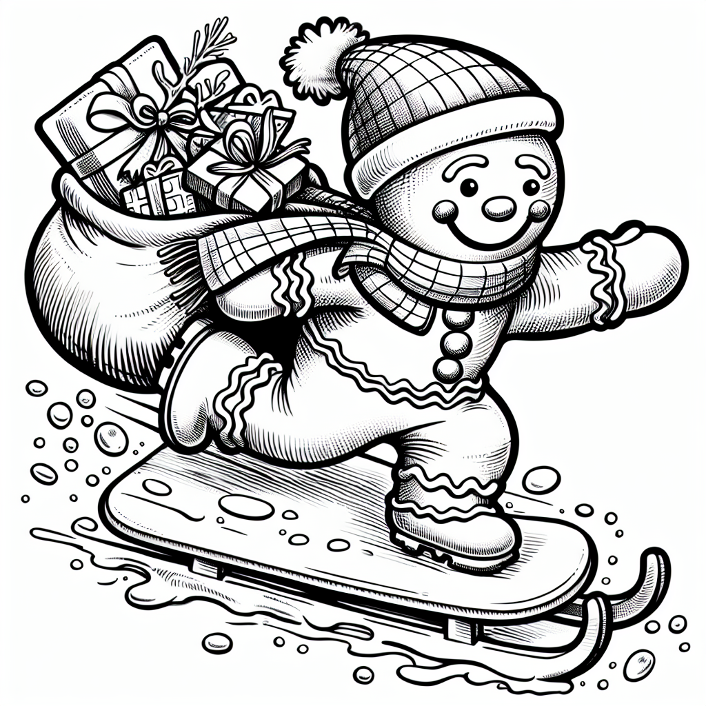 Coloring page of a gingerbread man, holiday helper sliding on ice