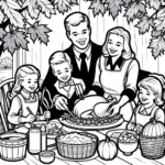 Page à colorier d&rsquo;une famille heureuse, préparation d&rsquo;un festin par un invité du dîner de Thanksgiving