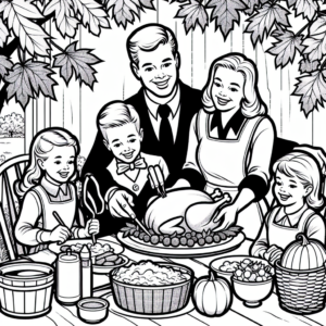 Coloring page of a happy family, thanksgiving dinner guest preparing a feast