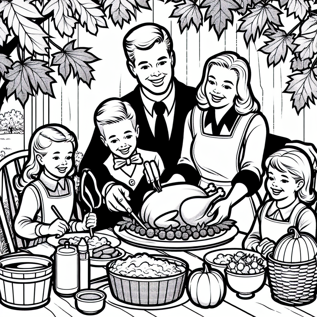 Coloring page of a happy family, thanksgiving dinner guest preparing a feast