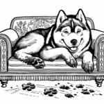 Page à colorier d’un chien Husky, brave protecteur dormant sur un canapé