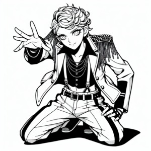 Coloring page of a manga character, entertainer leaning forward to the audience