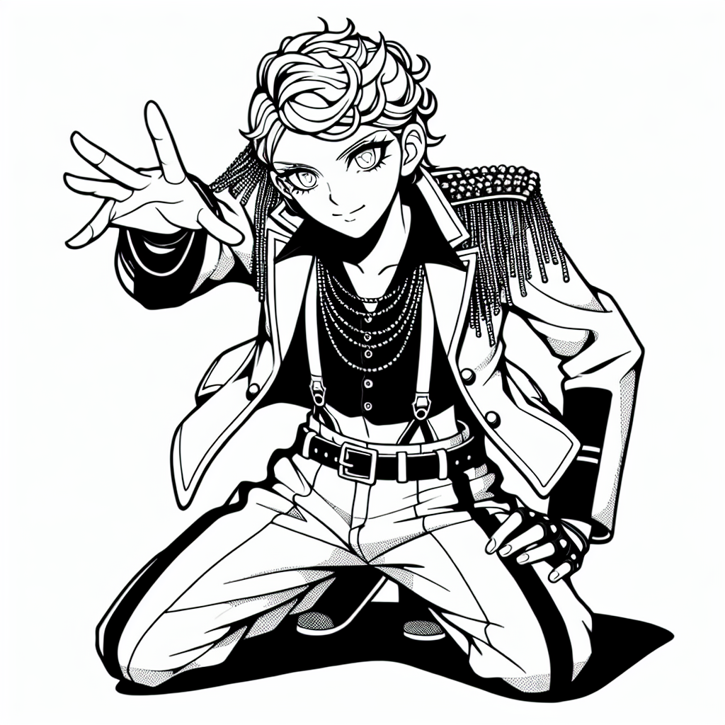 Coloring page of a manga character, entertainer leaning forward to the audience