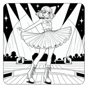 Coloring page of a manga character, performer posing on stage