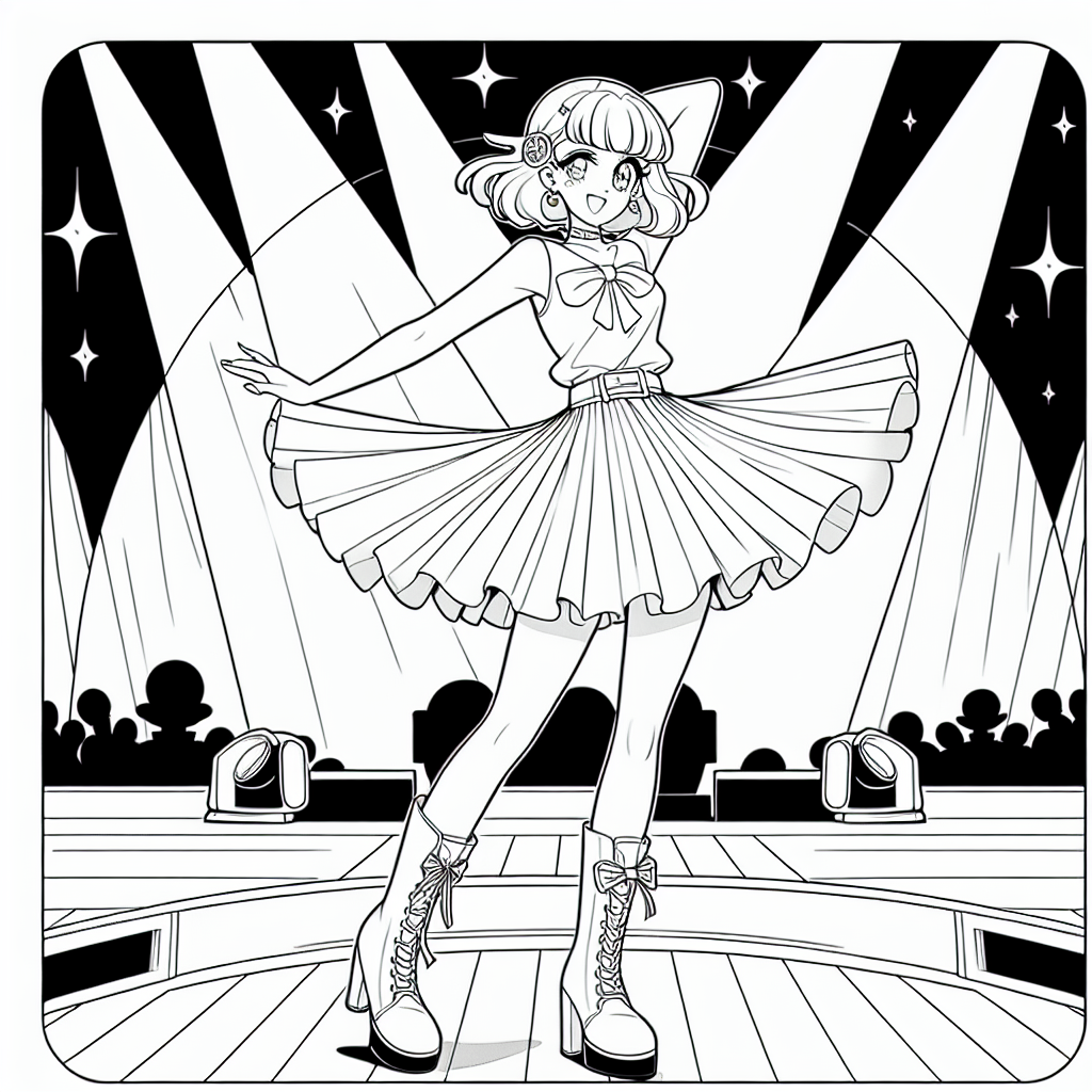 Coloring page of a manga character, performer posing on stage
