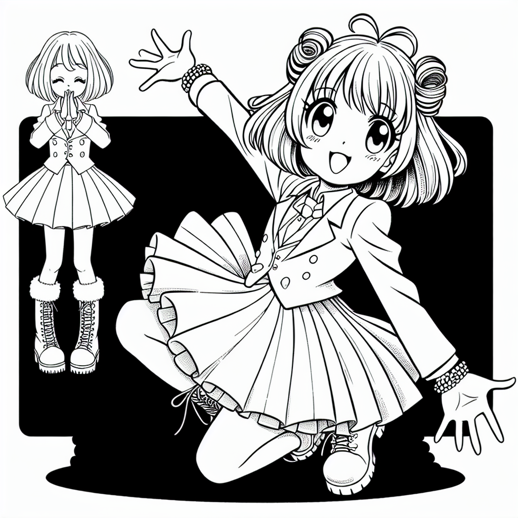 Coloring page of a manga character, singer kneeling dramatically