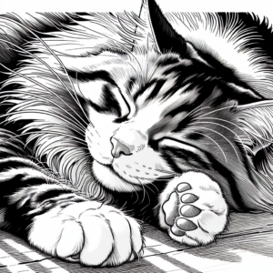 Coloring page of a Norwegian Forest Cat cat, playful hunter sleeping in a sunbeam