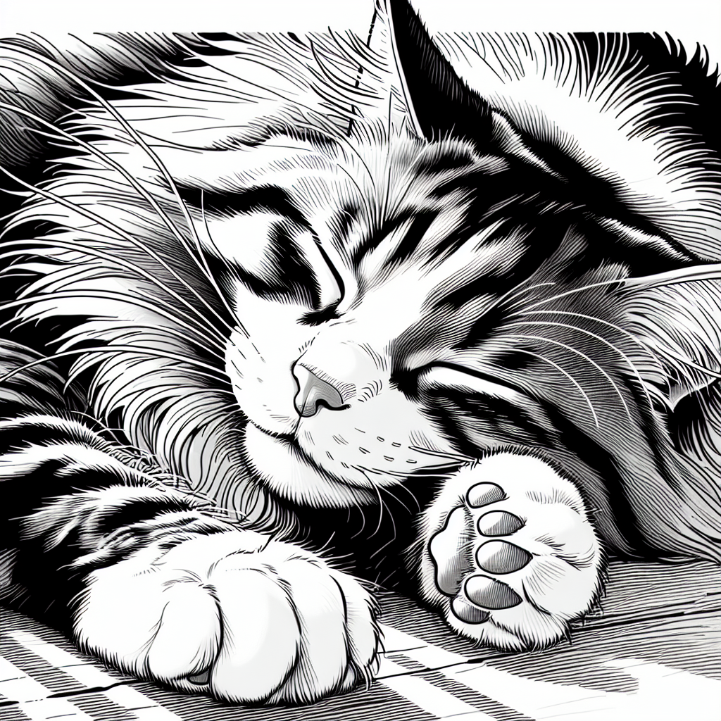 Coloring page of a Norwegian Forest Cat cat, playful hunter sleeping in a sunbeam