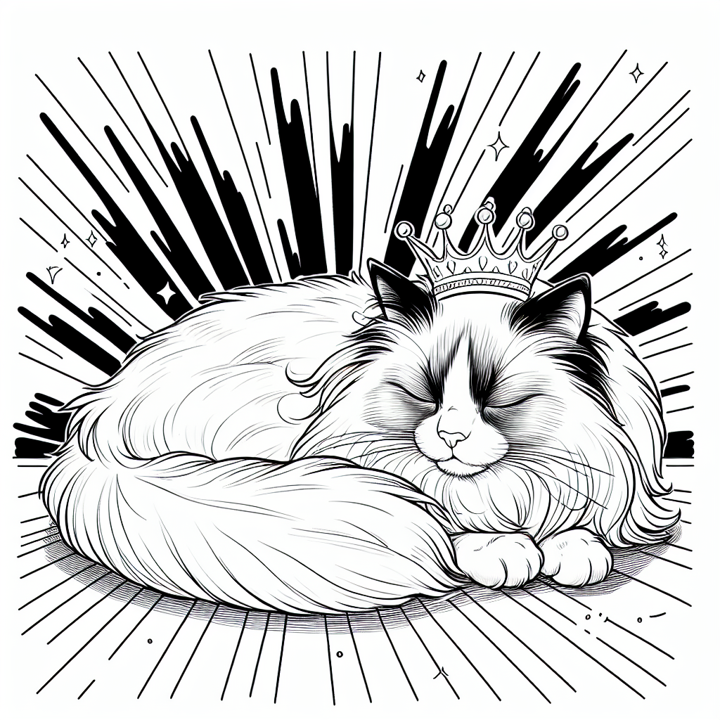 Coloring page of a Ragdoll cat, graceful feline sleeping in a sunbeam