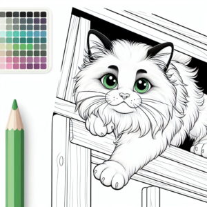 Coloring page of a Ragdoll cat, mischievous kitty jumping onto a shelf