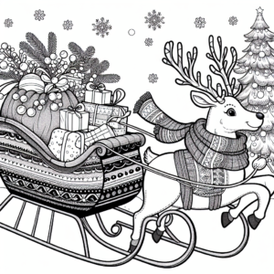 Coloring page of a reindeer, holiday helper flying in a sleigh