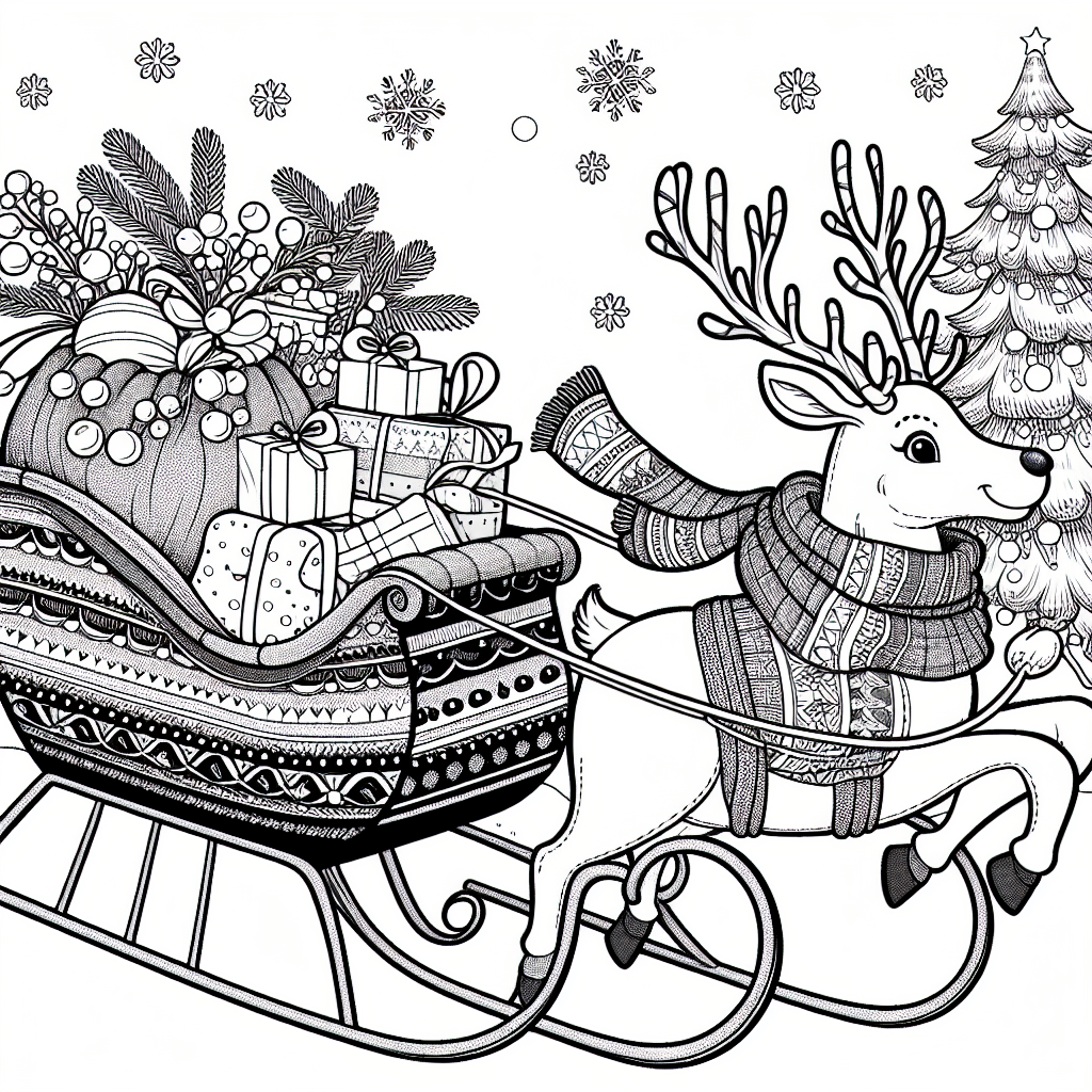 Coloring page of a reindeer, holiday helper flying in a sleigh