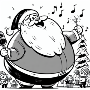 Coloring page of a Santa Claus, caroler decorating a tree