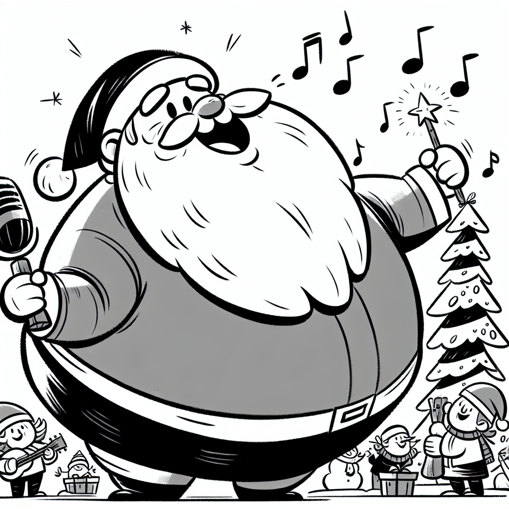 Coloring page of a Santa Claus, caroler decorating a tree