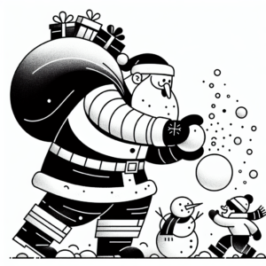Coloring page of a Santa Claus, snowball thrower building a snowman