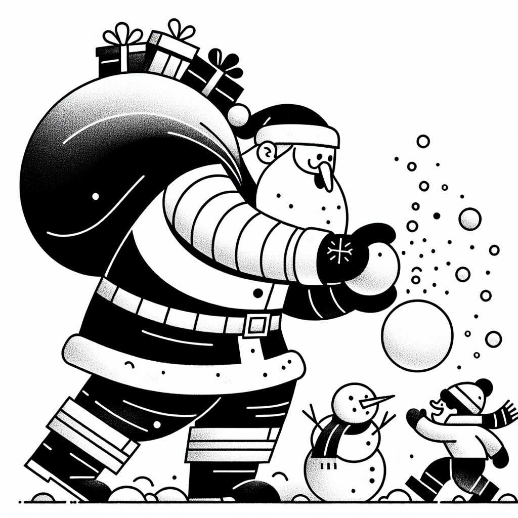 Coloring page of a Santa Claus, snowball thrower building a snowman