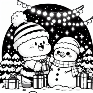 Coloring page of a snowman, gift giver building a snowman