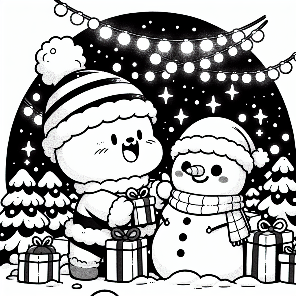 Coloring page of a snowman, gift giver building a snowman