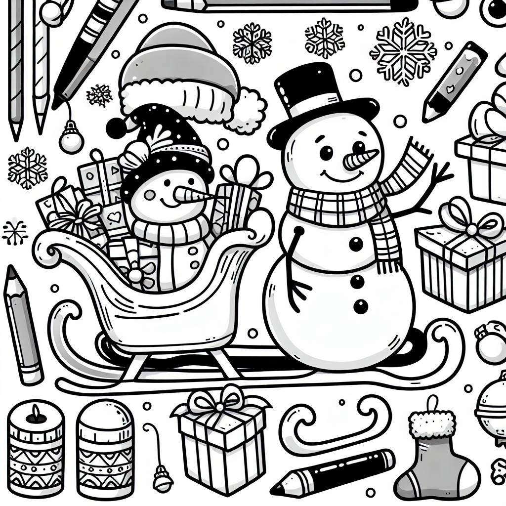 Coloring page of a snowman, sleigh rider wrapping gifts