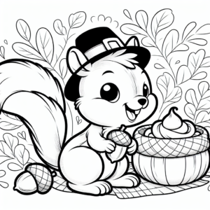 Coloring page of a squirrel with acorn, forest animal preparing a feast
