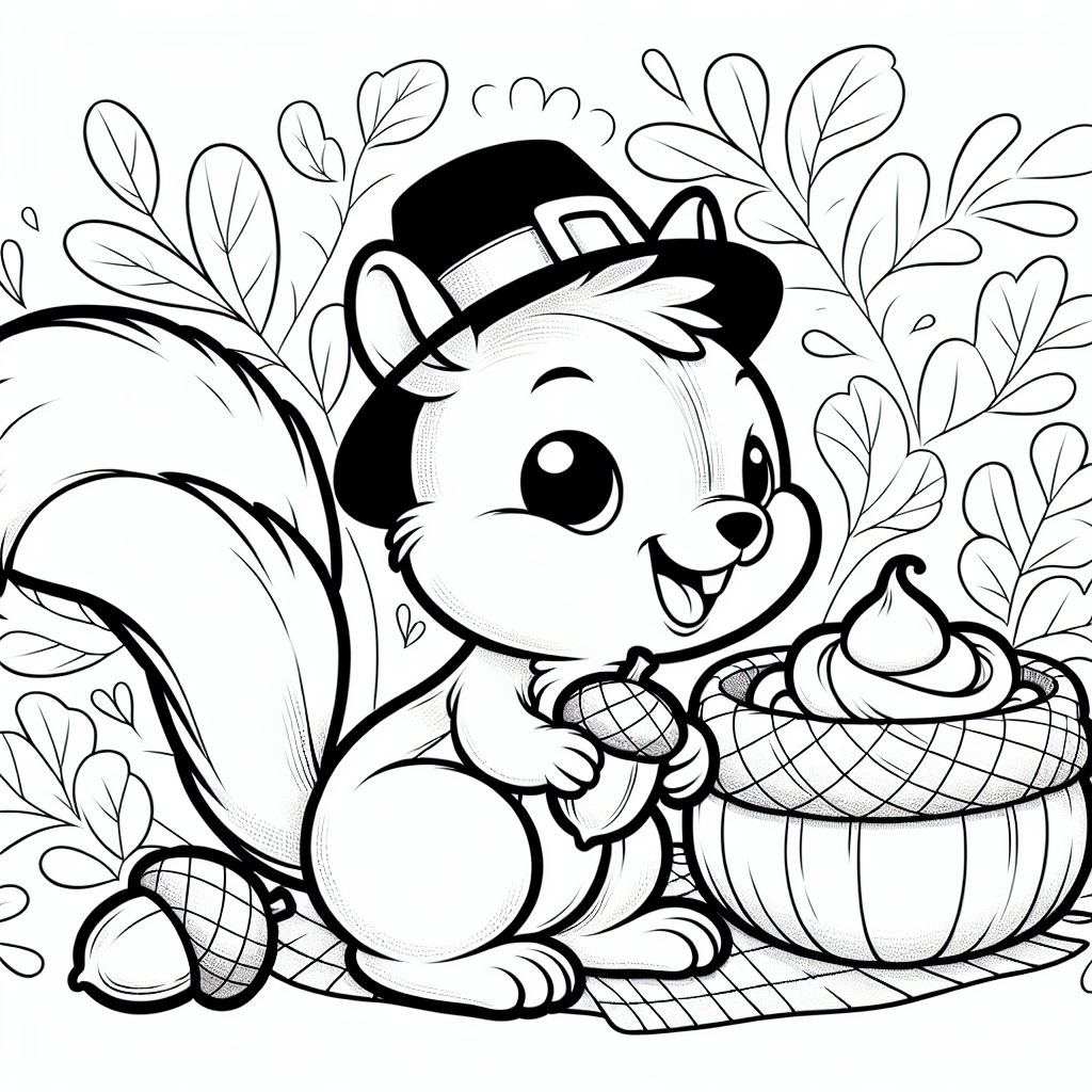 Coloring page of a squirrel with acorn, forest animal preparing a feast
