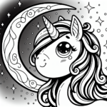 Page à colorier d&rsquo;une licorne, gardienne des rêves regardant la lune