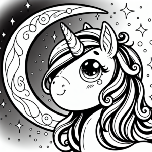 Coloring page of a unicorn, guardian of dreams looking at the moon