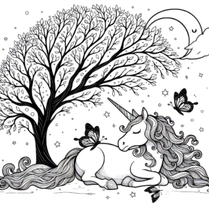 Coloring page of a unicorn, moonlight wanderer lying under a tree