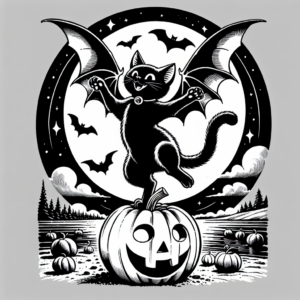 Coloring page of a black cat, pumpkin carver dancing under the moon