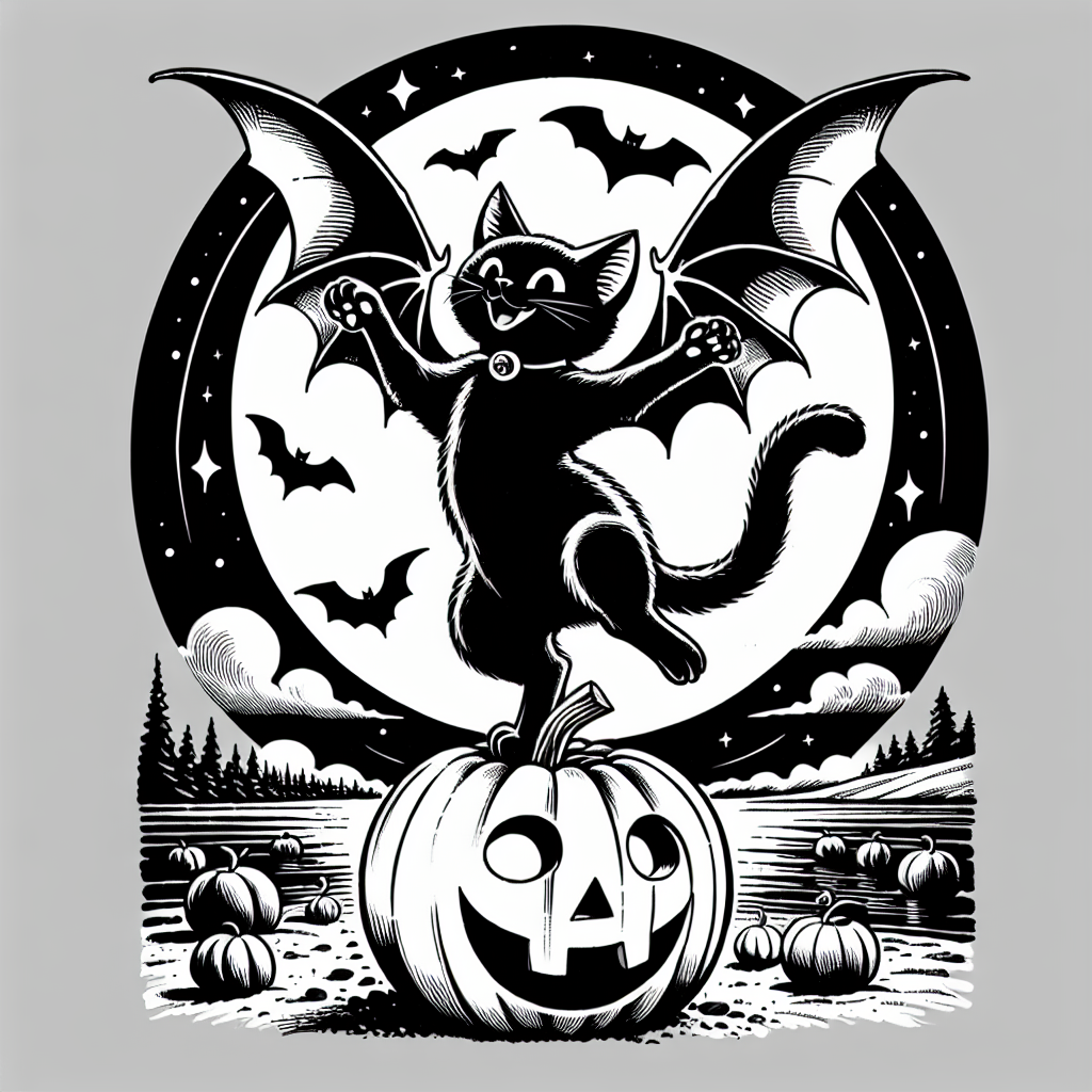 Coloring page of a black cat, pumpkin carver dancing under the moon