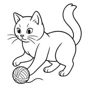 Coloring page of a British Shorthair cat, graceful feline playing with yarn