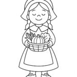 Page à colorier d’un enfant, danseur de festival d’automne tenant un panier de légumes