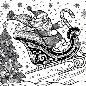 Coloring page of a Christmas tree, sleigh rider flying in a sleigh