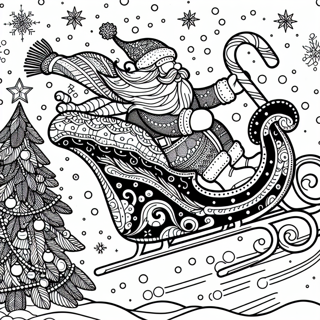 Coloring page of a Christmas tree, sleigh rider flying in a sleigh