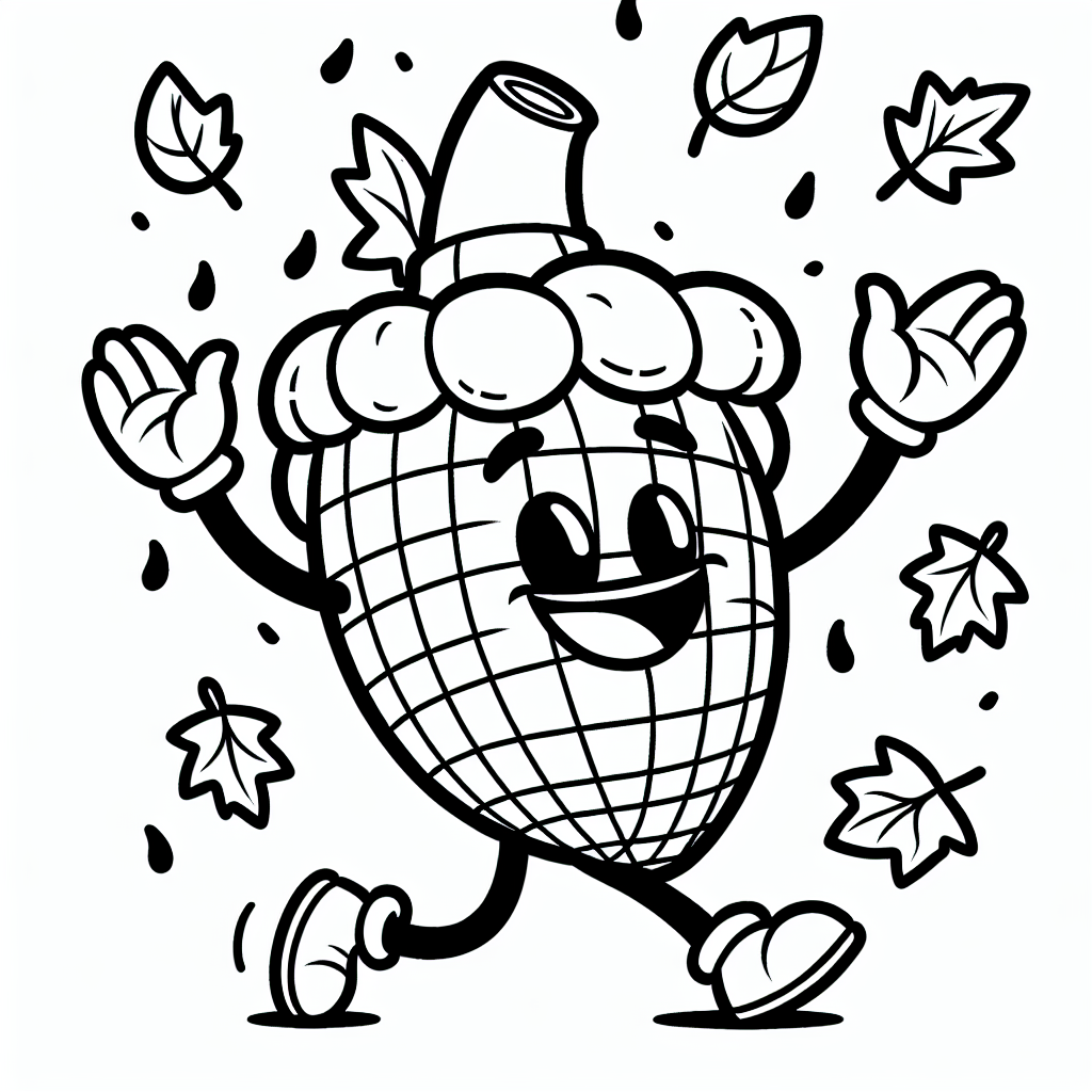 Page de coloriage d'un personnage corne d'abondance, invité au dîner de Thanksgiving dansant dans les feuilles d'automne