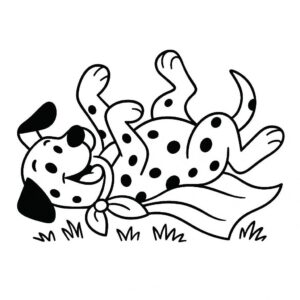 Coloring page of a Dalmatian dog, energetic pup rolling on the grass