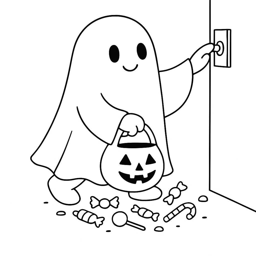 Coloring page of a friendly ghost, costume wearer ringing a doorbell