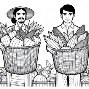 Coloring page of a harvest farmer, harvest helper holding a basket of vegetables