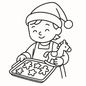Coloring page of a holiday child, toy maker baking cookies