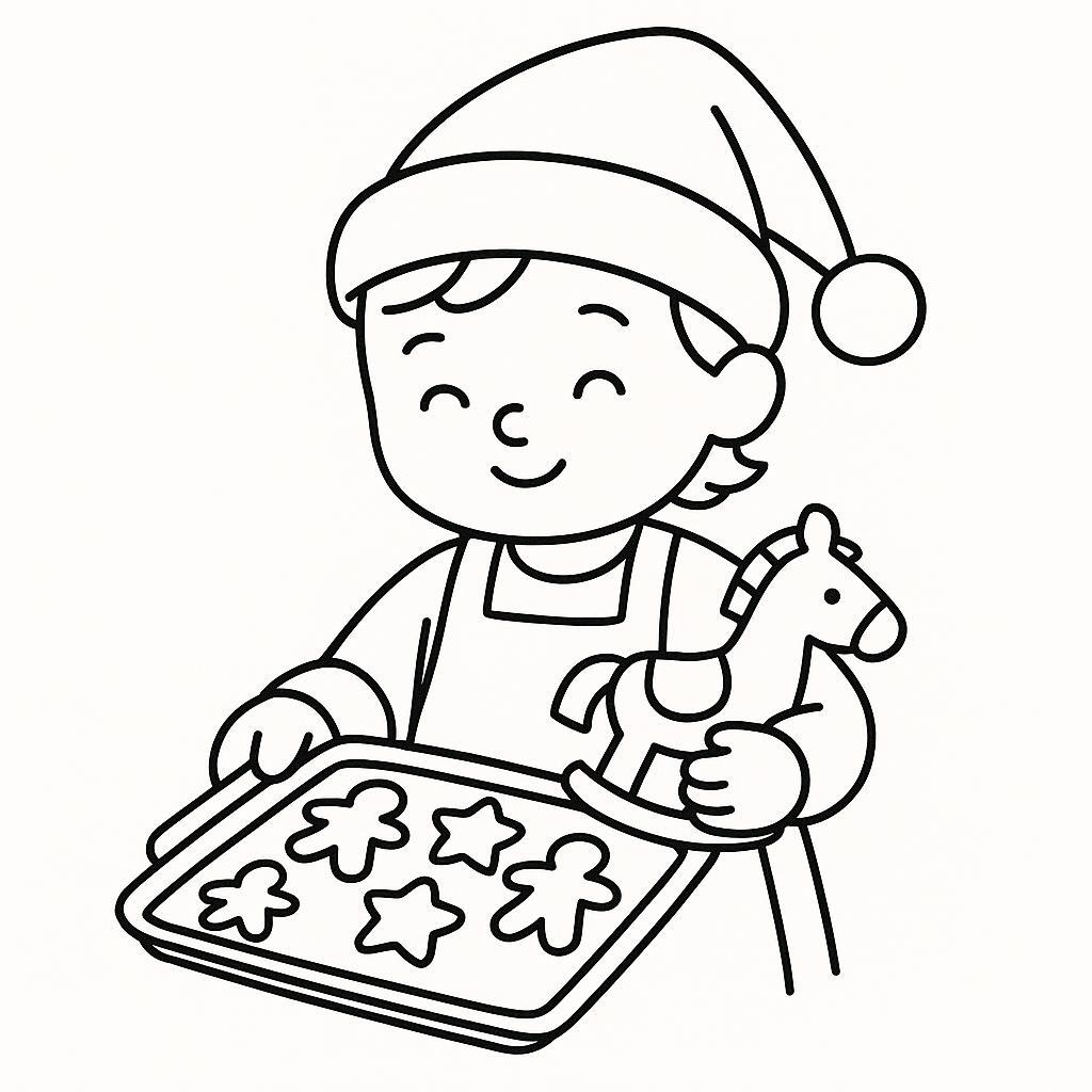 Coloring page of a holiday child, toy maker baking cookies
