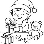 Page à colorier d’un enfant en vacances, fabricant de jouets emballant des cadeaux