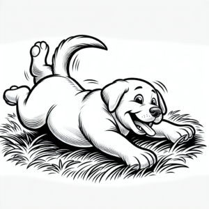 Coloring page of a Labrador Retriever dog, energetic pup rolling on the grass