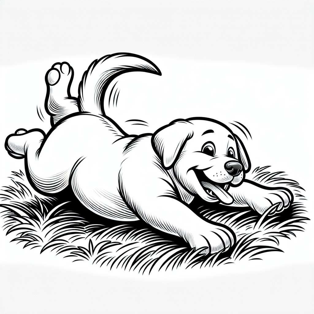 Coloring page of a Labrador Retriever dog, energetic pup rolling on the grass