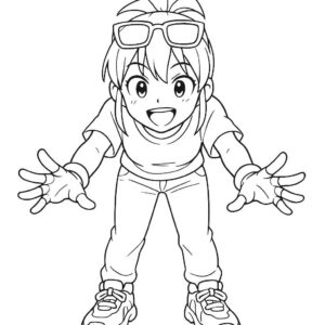 Coloring page of a manga character, influencer leaning forward to the audience