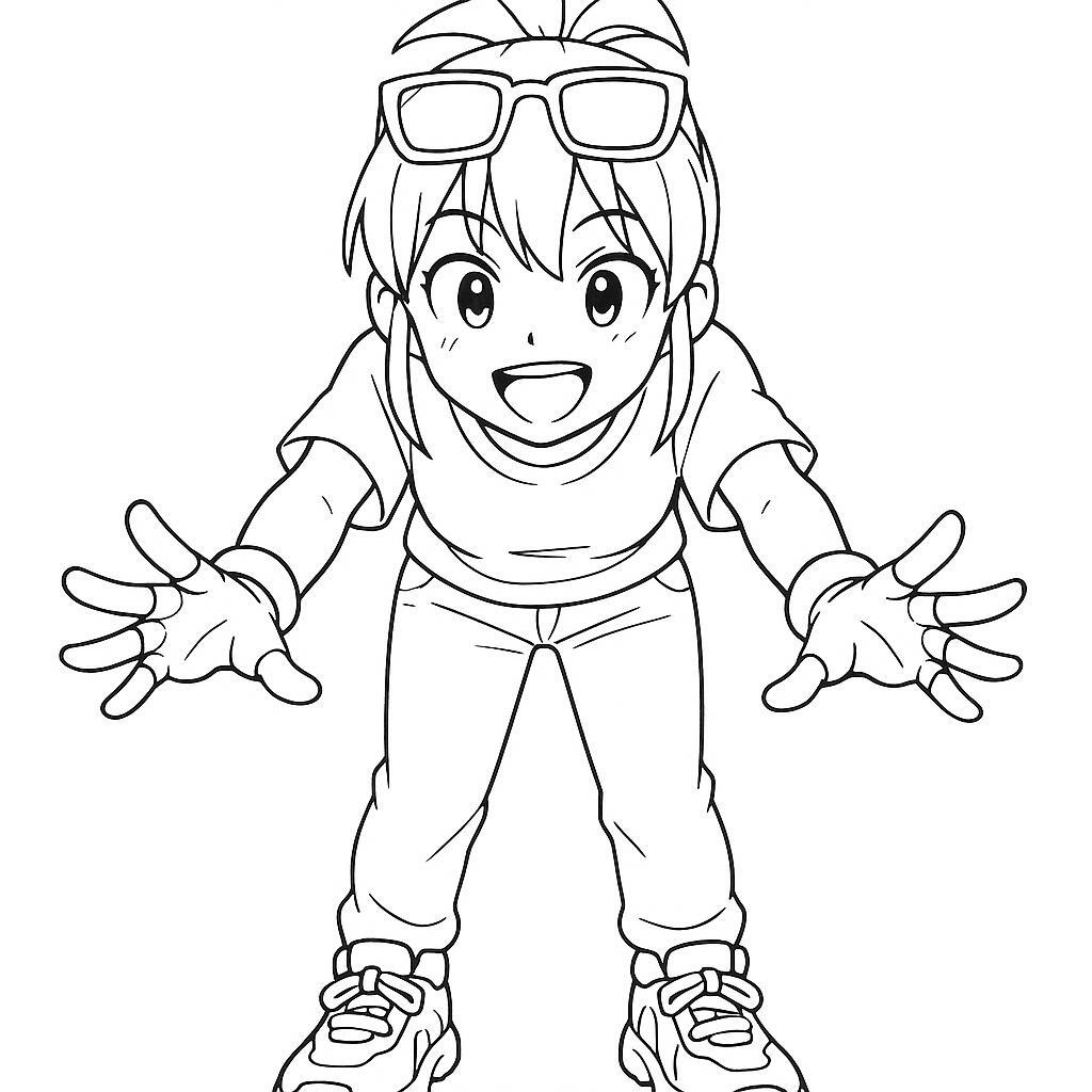Coloring page of a manga character, influencer leaning forward to the audience