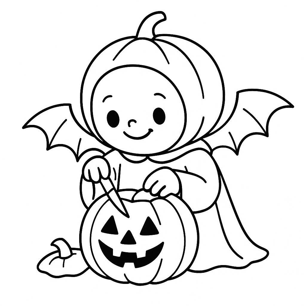 Coloring page of a pumpkin character, trick-or-treater carving a jack-o-lantern