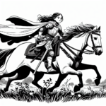 Page à colorier d’une fille Quarter Horse montant à cheval, princesse guerrière de fantaisie galopant à travers une prairie